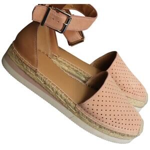 Gianni Bini Pink Perforated Leather Ankle Strap Espadrille Platform Sandal 8.5